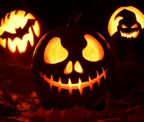Dynia, Liście, Jack OLantern, Lampy, Halloween