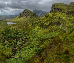 Szkocja, Osuwisko, Wyspa Skye, Quiraing, Jeziora, Góry, Zielone, Drzewo, Wzgórza, Chmury