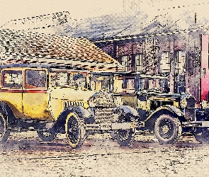 Samochody zabytkowe, Domy, Grafika