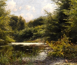 Rzeka, Drzewa, Malarstwo, Zarośla, Las, Peder Mork Monsted, Obraz