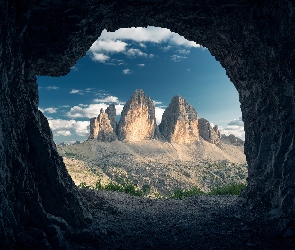 Dolomity, Tre Cime di Lavaredo, Skała, Włochy, Masyw, Góry, Jaskinia