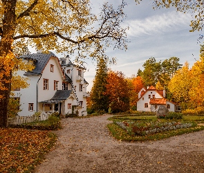 Drzewa, Jesienne, Domy, Jesień, Rabaty, Białe, Ścieżki