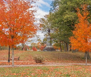 Park, Drzewa, Liście, Ławki, Jesień, Pomnik