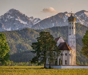 Alpy, Góry, Niemcy, Drzewa, Region Allgau, Bawaria, Kościół Eglise Saint Coloman