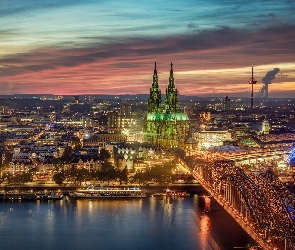 Kolonia, Most Hohenzollernów, Niemcy, Rzeka, Światła, Miasto, Wschód słońca, Katedra