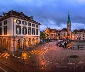 Ulice, Most, Oświetlone, Kościół Fraumunster, Zurych, Domy, Szwajcaria, Rzeka Limmat