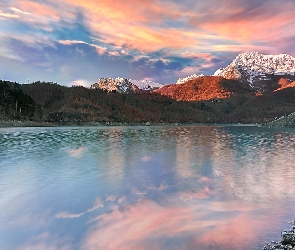 Prowincja Lukka, Chmury, Lago di Gramolazzo, Włochy, Las, Jezioro, Góry