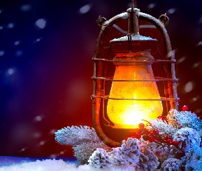 Zaśnieżone, Lampion, Gałęzie, Świerki, Lampa naftowa