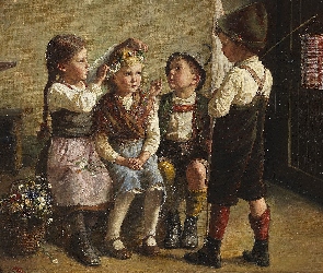 Malarstwo, Kwiaty, Chłopcy, Wianek, Kosz, Dziewczynki, Obraz, Edmund Adler, Dzieci