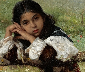 Malarstwo, Dziewczynka, Charles Sprague Pearce, Zamyślona, Obraz