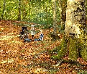 Peder Mork Monsted, Drzewa, Obraz, Malarstwo, Wózek, Kobieta, Liście, Dzieci, Las