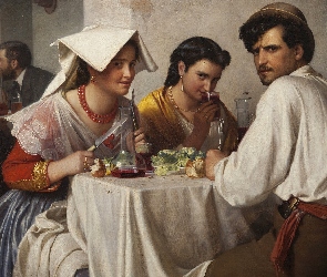 Jedzenie, Kot, Mężczyźni, Stolik, Carl Bloch, Obraz, Restauracja, Dwie, Malarstwo, Kobiety