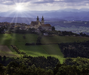 Austria, Gmina Maria Taferl, Kościół, Wzgórze, Pola, Lasy
