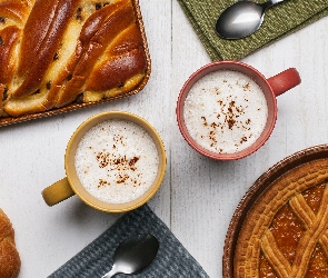 Ciasto, Serwetki, Dwa, Rogalik, Łyżeczki, Kawa, Kubki