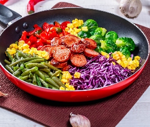Patelnia, Kapusta, Warzywa, Fasolka szparagowa, Papryka, Kiełbasa, Czosnek, Brukselka