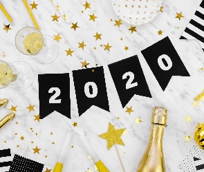 Nowy, Świeczki, Kieliszki, Gwiazdki, Szampan, 2020, Rok, Sylwester, Cyfry