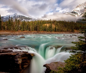 Góry, Park Narodowy Jasper, Kanada, Rzeka Athabasca, Wodospad Athabasca Falls, Skały, Drzewa