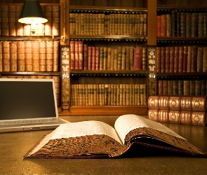 Książka, Światło, Lampa, Laptop, Biblioteka