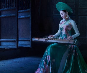Azjatka, Dziewczyna, Guzheng, Sukienka, Kapelusz, Instrument, Zielona