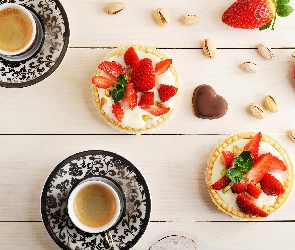 Pistacje, Truskawki, Dwie, Kawa, Filiżanki, Babeczki