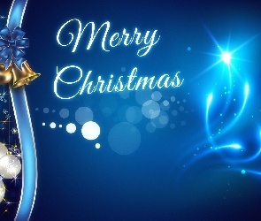 Dzwony, Napis, Boże Narodzenie, Wstążki, Grafika, Bombki, Niebieskie tło, Merry Christmas