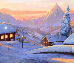 Góry, Śnieg, Zima, Domy, Świerki, Ośnieżone, Grafika Paintography, Droga