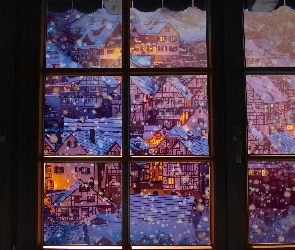 Boże Narodzenie, Okno, Grafika, Śnieg, Oświetlenie, Dekoracja, Domy