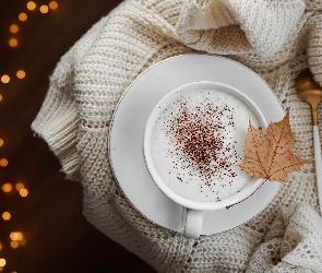 Cappuccino, Suchy, Kawa, Filiżanka, Bokeh, Liść, Klonowy, Sweter, Łyżeczka