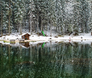 Las, Domek, Śnieg, Jezioro, Zima