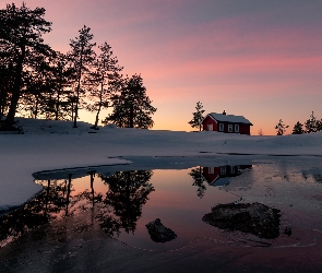 Norwegia, Ringerike, Drzewa, Zima, Dom, Jezioro Vaeleren