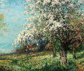 Malarstwo, Kwitnące, Domek, Drzewa, Kury, Wiosna, Obraz, Adolf Kaufmann, Wieś
