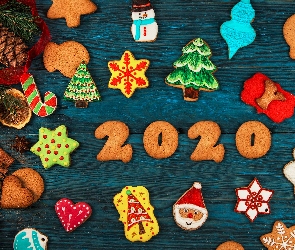 Kompozycja, Nowy Rok, 2020, Świąteczna, Ciasteczka, Pomarańcze, Cynamon, Pierniczki, Szyszki, Gałązki, Plastry, Deski