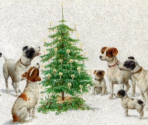 Karl Reichert, Obraz, Choinka, Psy, Boże Narodzenie, Malarstwo