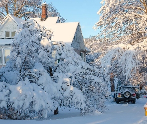 Zima, Samochód, Drzewa, Śnieg, Dom