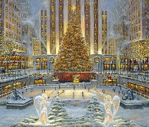 Nowy Jork, Rockefeller Center, Choinka, Stany Zjednoczone, Budynki, Boże Narodzenie, Lodowisko
