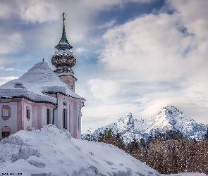 Niemcy, Alpy Salzburskie, Śnieg, Kościół, Góry, Zima, Berchtesgaden, Sanktuarium Maria Gern, Bawaria, Drzewa