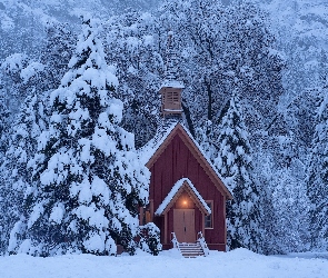 Stany Zjednoczone, Kościółek, Drzewa, Las, Kaplica, Ośnieżone, Stan Kalifornia, Park Narodowy Yosemite, Zima