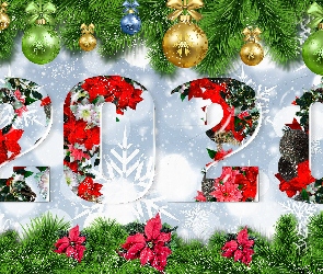 Poinsecja, Kwiaty, Nowy Rok, Grafika, 2020, Bombki
