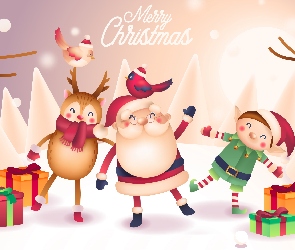 Merry Christmas, Prezenty, Mikołaj, Grafika, Renifer, Elf