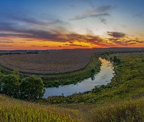Pola, Drzewa, Chmury, Trawa, Rzeka, Wschód słońca, Zakole