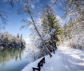 Zima, Rzeka, Droga, Śnieg, Drzewa, Ławka