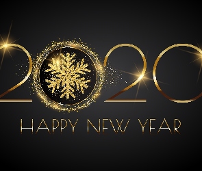2020, Nowy Rok, Happy New Year, Cyfry, Śnieżynki, Napis, Złote