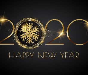 Napis, Śnieżynki, 2020, Happy New Year, Cyfry, Nowy Rok, Złote