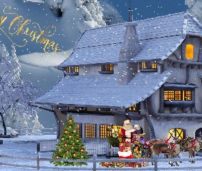 Zaprzęg, Ogrodzenie, Boże Narodzenie, Choinka, Napis, Grafika, Zima, Merry Christmas, Mikołaj, Śnieg, Dom