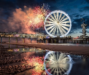 Fajerwerki, Haga, Koło, Scheveningen, Holandia, Molo, Morze Północne, Diabelski młyn, Sylwester, Plaża