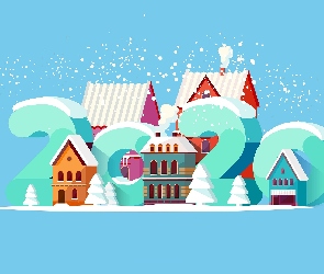 Choinki, Domy, 2020, Śnieg, Cyfry, Nowy Rok, Ośnieżone