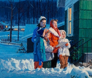 Zima, Dzieci, Gordon Johnson, Domy, Malarstwo, Obraz, Śnieg
