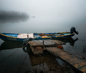 Łódka, Pomost, Jezioro, Mgła