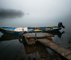 Jezioro, Łódka, Pomost, Mgła