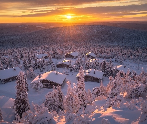 Góry, Drzewa, Zima, Ośnieżone, Zachód słońca, Lasy, Finlandia, Domki